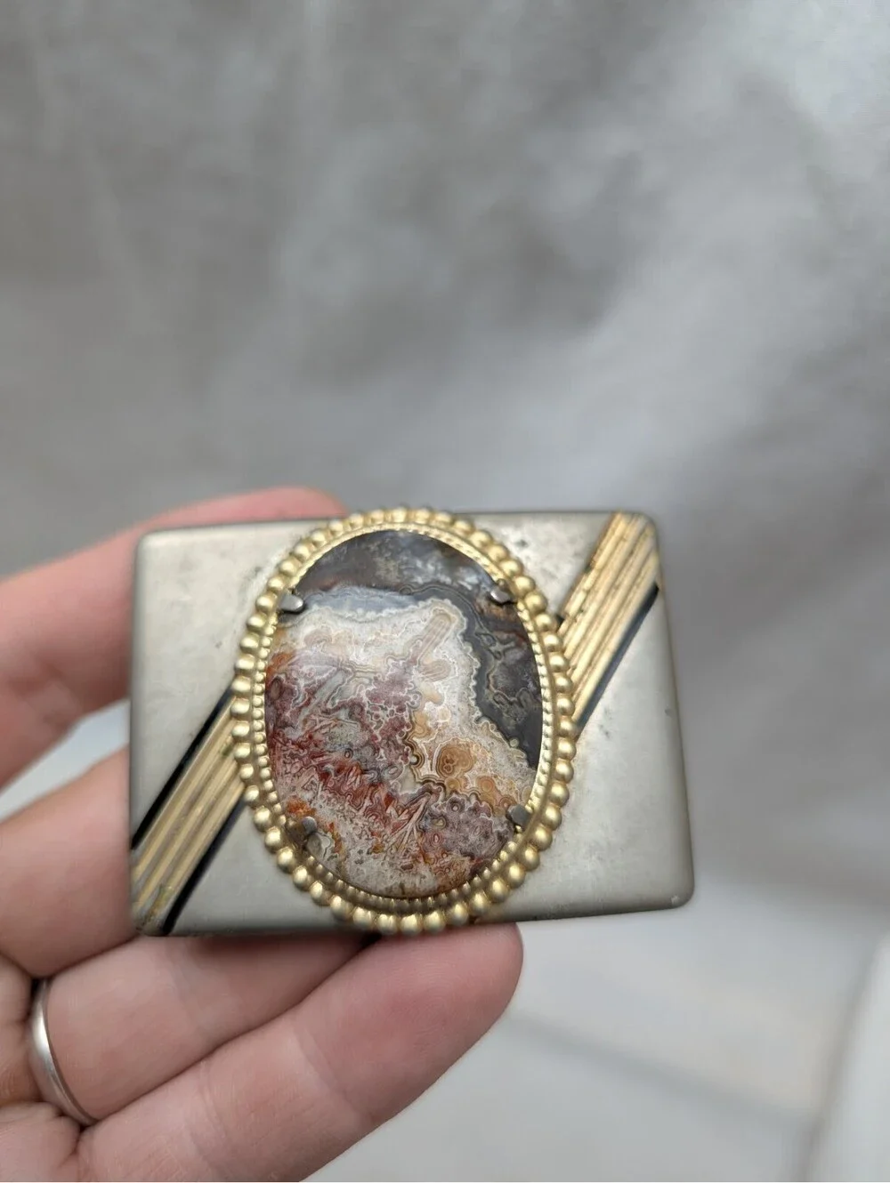 Unisex Belt Buckle, metal with a Brown & Cream-Colored Stone, 2 1/2